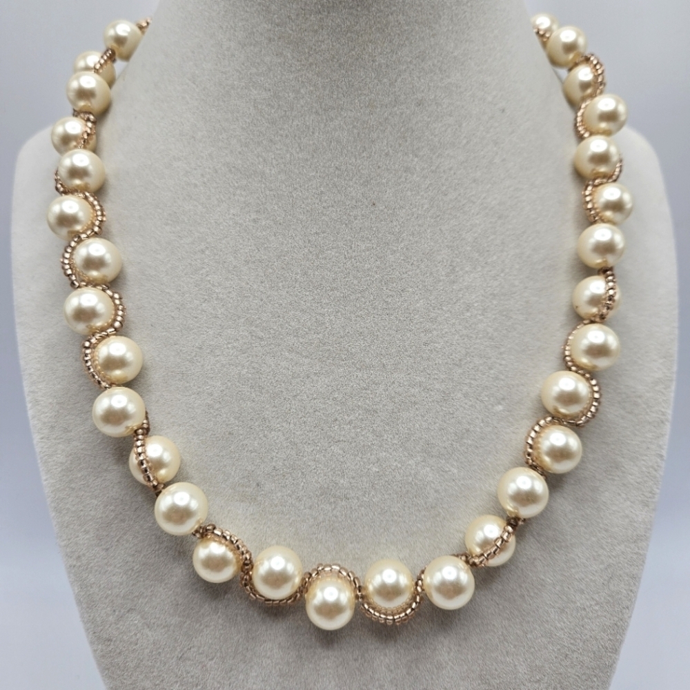 Vintage Shb Shofel Bros Wrapped Faux Pearl Gold Tone Beaded Strand Necklace